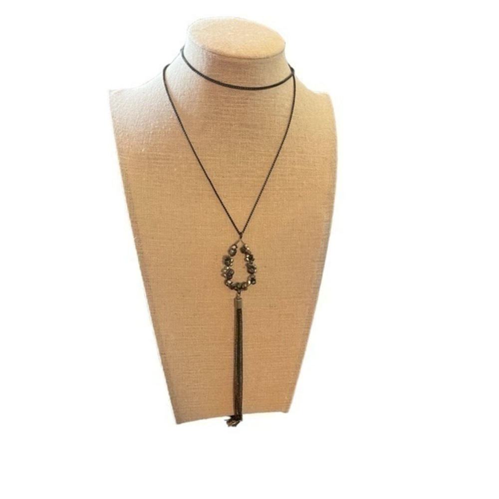 Brass colored long necklace with chrome stone beaded pendant with brass fringe